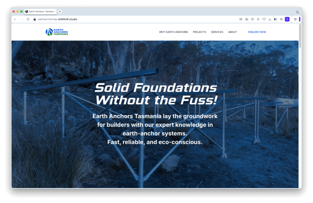 Mock-up landing page for Earth Anchors Tasmania