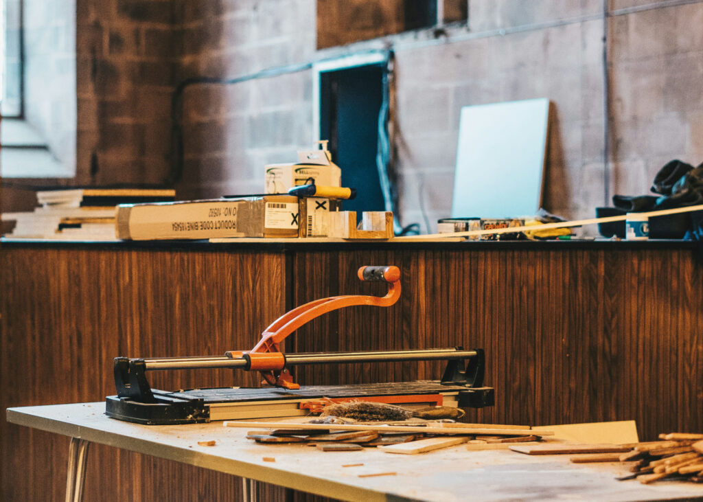 Cabinet-maker's bench with clamps and off-cuts on it