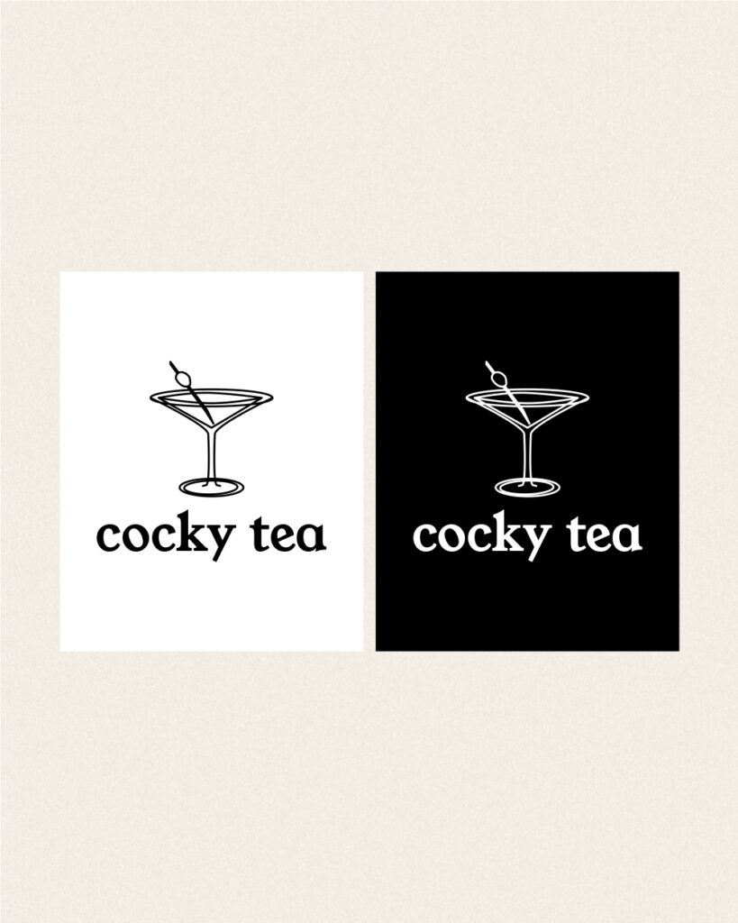 cocky tea logo shown on black and white backgrounds